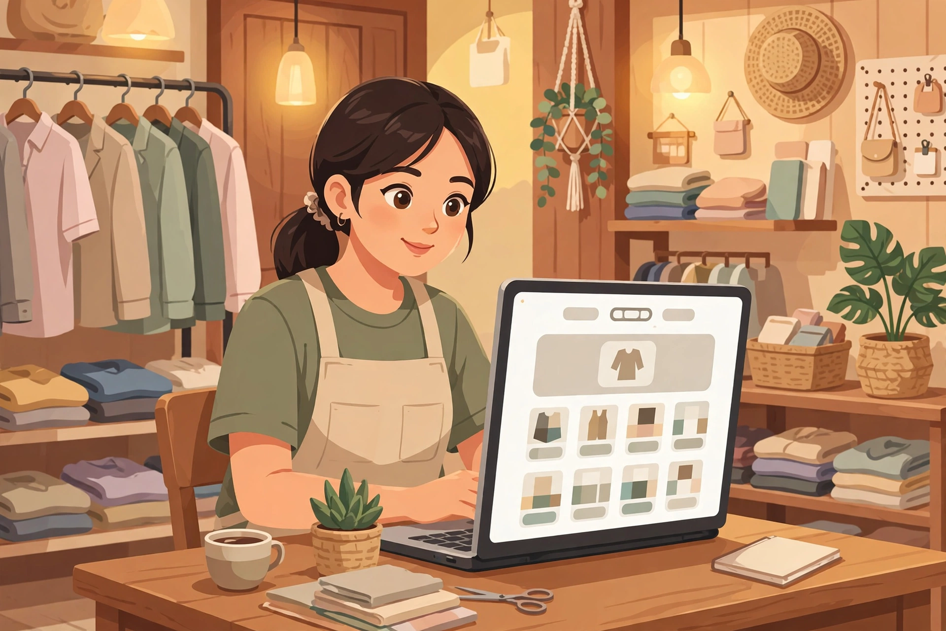 Chủ shop nhỏ xem mẫu website bán hàng trên laptop